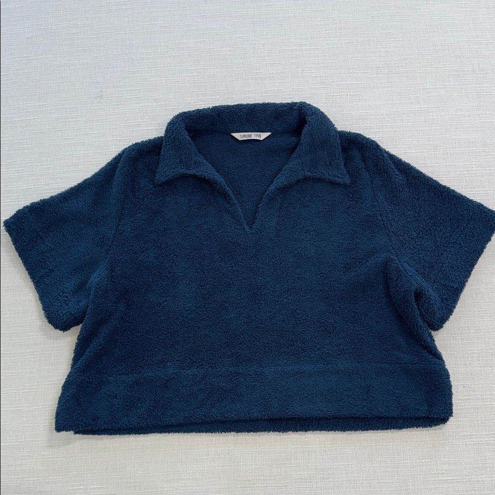 Simone Fani Blue Terry Cloth Cropped Polo Top Size L Made in USA